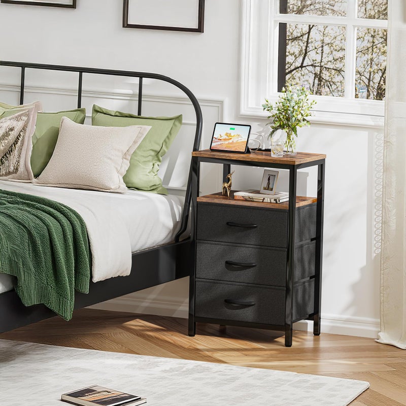 Huuger Nightstand with Charging Station, 27.6 Inch End Table Bedside Table with USB Ports and Outlets, Fabric Drawers, Night Stand for Bedroom, Rustic Brown and Black - Image 2