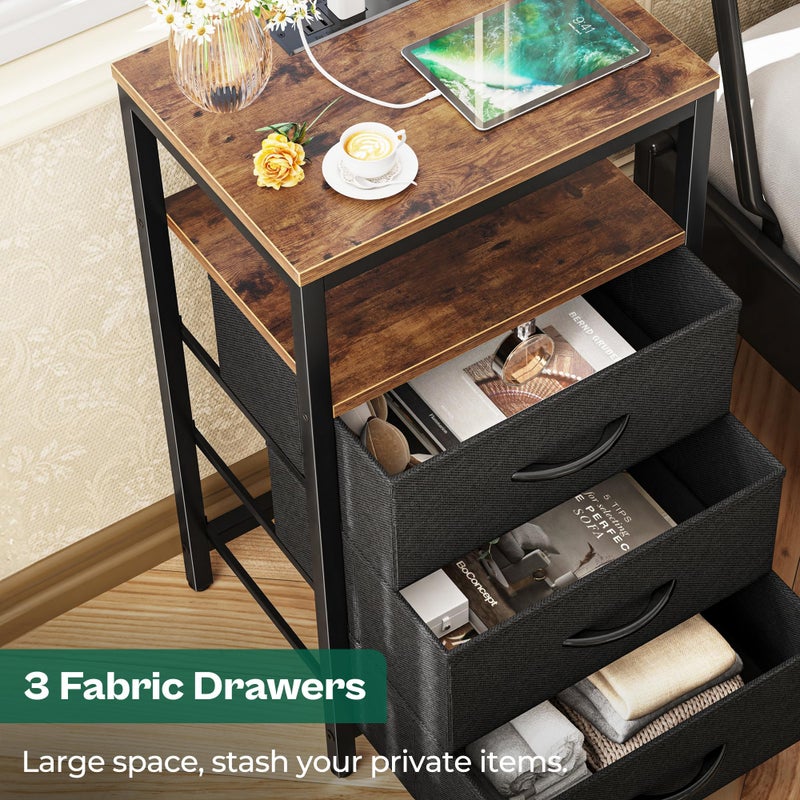 Huuger Nightstand with Charging Station, 27.6 Inch End Table Bedside Table with USB Ports and Outlets, Fabric Drawers, Night Stand for Bedroom, Rustic Brown and Black - Image 4
