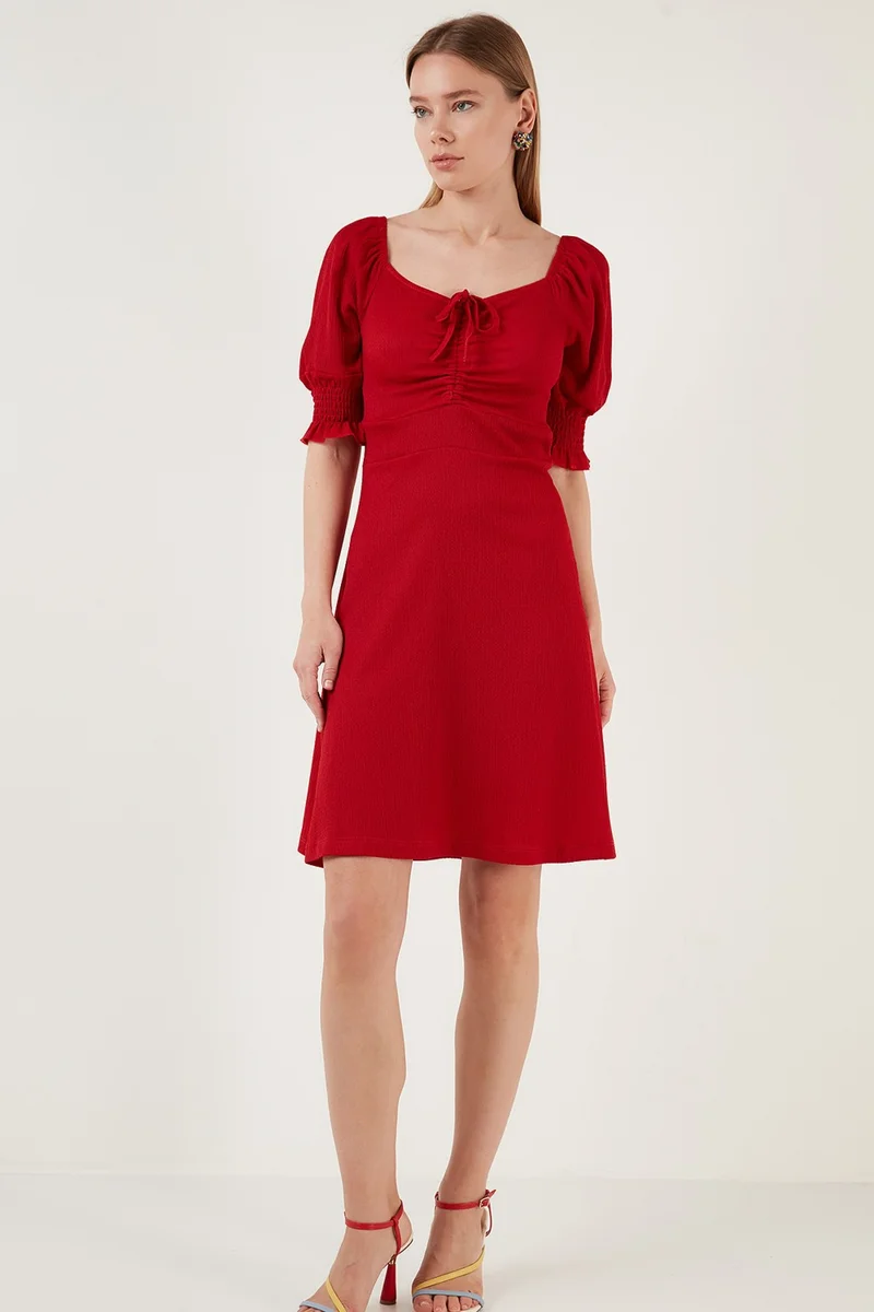 Lela Crinkle Gathered V-Neck Sleeves Gipe Dress Women's Dress 5865034
