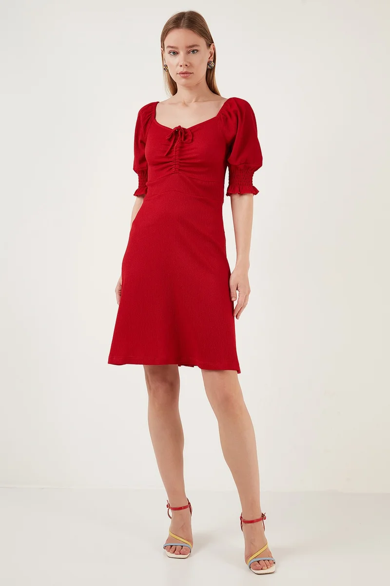 Lela Crinkle Gathered V-Neck Sleeves Gipe Dress Women's Dress 5865034