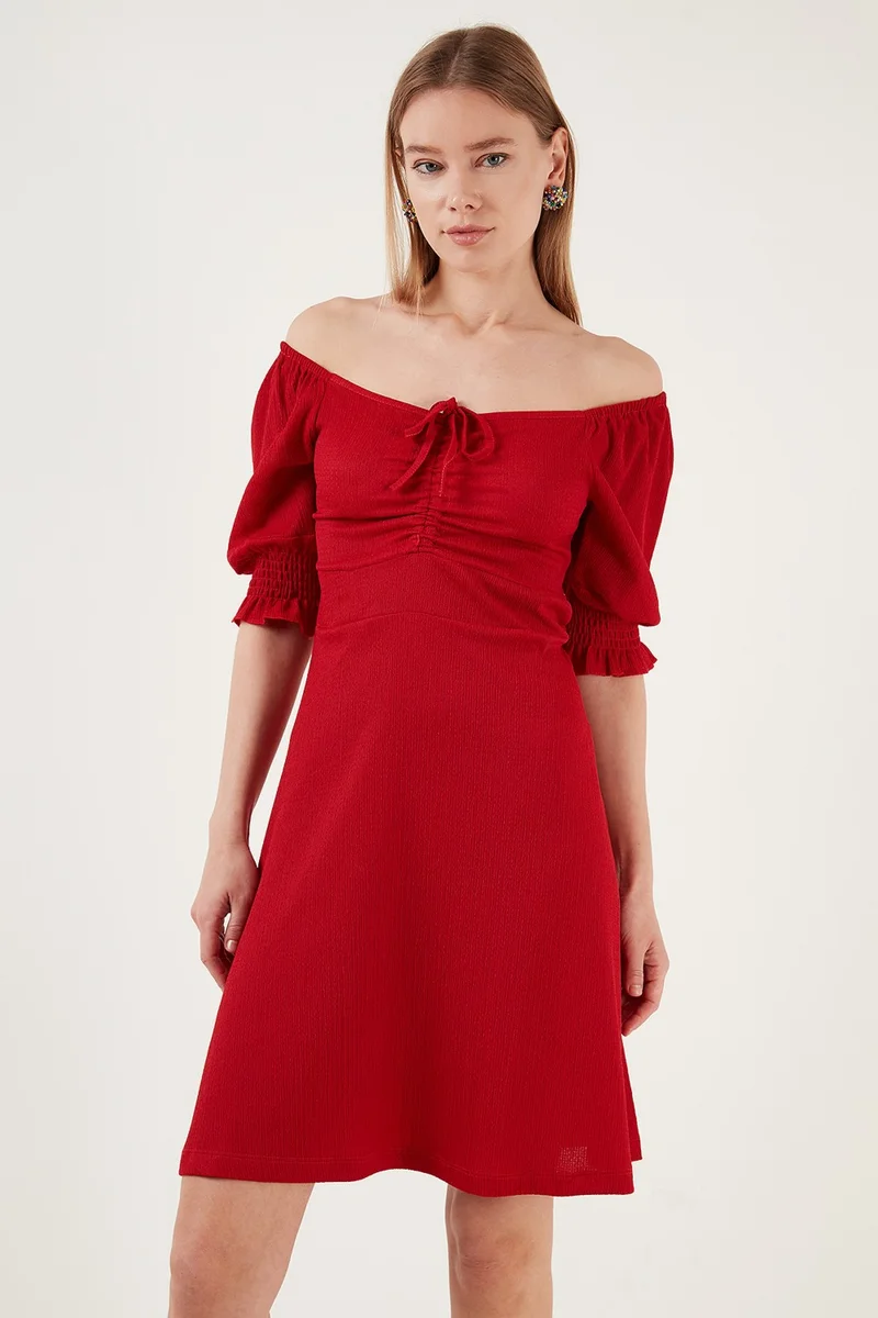 Lela Crinkle Gathered V-Neck Sleeves Gipe Dress Women's Dress 5865034