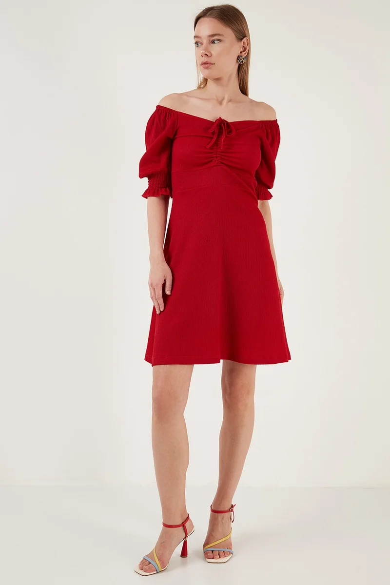 Lela Crinkle Gathered V-Neck Sleeves Gipe Dress Women's Dress 5865034
