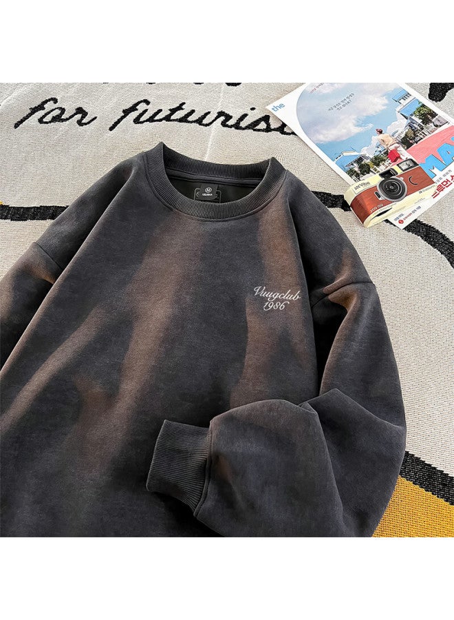 Vuug Tie-dye Distressed Hoodie Men's Spring Autumn Loose American Style Fleece-lined High Street Base Shirt 3XL Carbon Gray Fleece-lined - Image 2