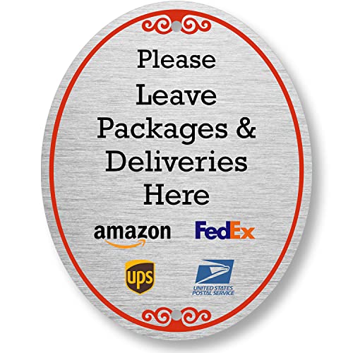 SmartSign 5 x 4 inch "Please Leave Packages And Deliveries Here" Designer Oval Sign with Symbols, 32 mil Anodized Aluminum, Multicolor, Made in USA - Image 1