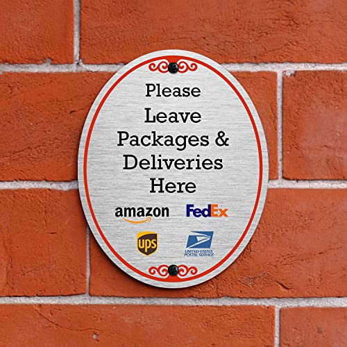 SmartSign 5 x 4 inch "Please Leave Packages And Deliveries Here" Designer Oval Sign with Symbols, 32 mil Anodized Aluminum, Multicolor, Made in USA - Image 5