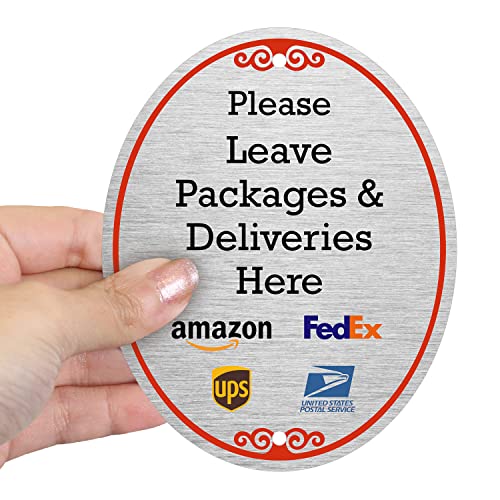 SmartSign 5 x 4 inch "Please Leave Packages And Deliveries Here" Designer Oval Sign with Symbols, 32 mil Anodized Aluminum, Multicolor, Made in USA - Image 4