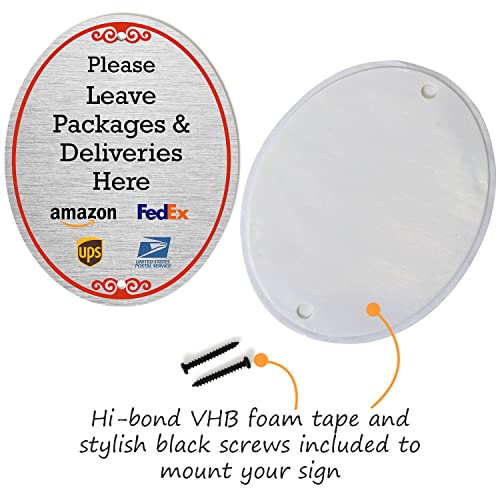 SmartSign 5 x 4 inch "Please Leave Packages And Deliveries Here" Designer Oval Sign with Symbols, 32 mil Anodized Aluminum, Multicolor, Made in USA - Image 2