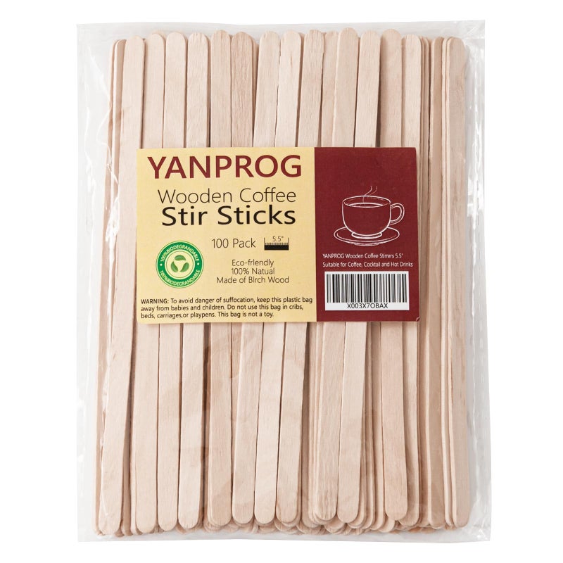 YANPROG Wooden Coffee Stirrers 55 Coffee Stir Sticks 100 Pcs Natural Birch Round End Thick Birch Wood EcoFriendly Suitable for Coffee Cocktail and Hot Drinks