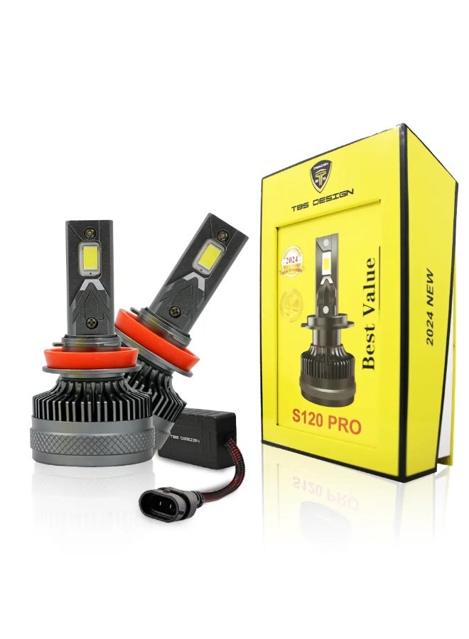 توبيز مصابيح أمامية LED مُحسّنة من TBS DESIGN S120 PRO 2024 جديدة، 12000 لومن فائقة السطوع، مجموعة تحويل المصابيح الأمامية 6500 كلفن زينون أبيض، بديل هالوجين مع مروحة، عبوة من قطعتين - H11 - Image 1
