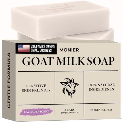 MONIER Goat Milk Soap Bar For Dry & Sensitive Skin - 100% Natural & Organic Skin Care - Enriched with Shea Butter - Use on Face, Body & Hands - For Men, Women, Kids & Baby (Lavender, 3 Pack) - Image 1