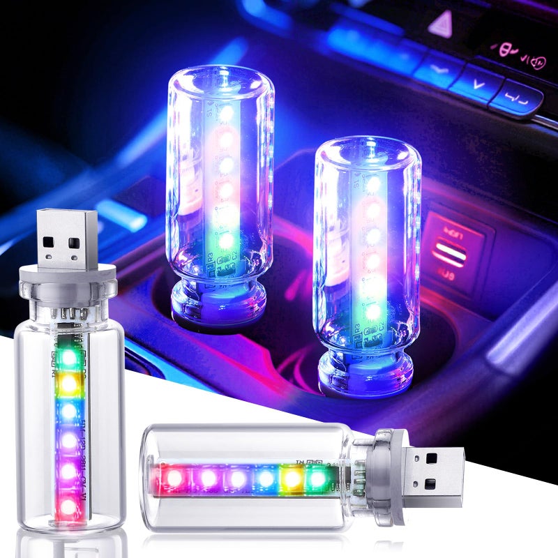 Suacopzar 2PCS 13 in 1 USB Car Light Plug in USB Interior Car Lights Touch Control Mini Glass Bottle Night Lamp with 13 Modes 7 Colors Mini LED Bulb Night Light Ambient Lighting for Auto Bedroom Decoration - Image 3