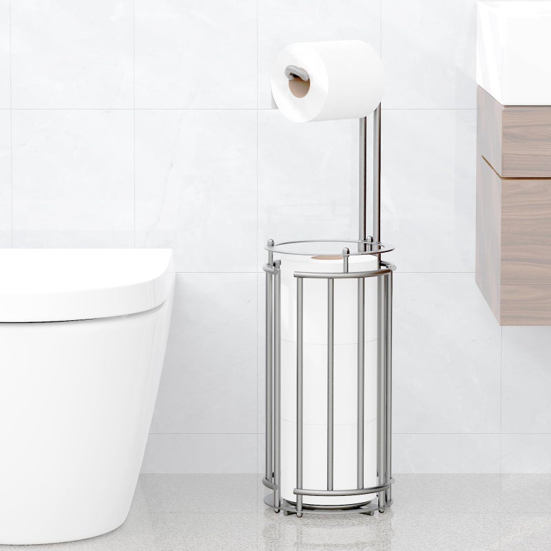 Meangood Toilet Paper Holder Stand And Tissue Paper Roll Dispenser For 4 Mega Rolls (Matte Silver) - Image 4