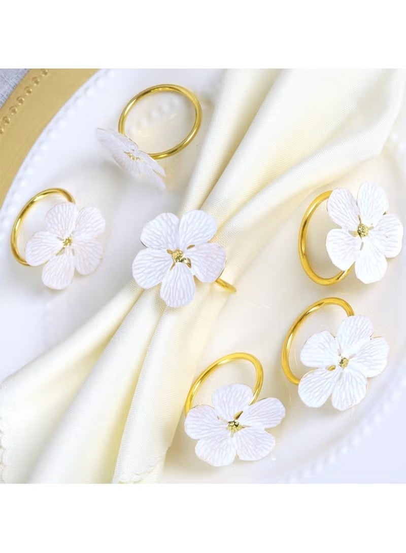 6 قطع من حلقات مناديل الزهور البيضاء وحاملات مناديل معدنية ذهبية اللون ومشابك مناديل زهور الزفاف وعيد الشكر وعيد الميلاد ورمضان ومهرجان ديكور الطاولة - Image 5