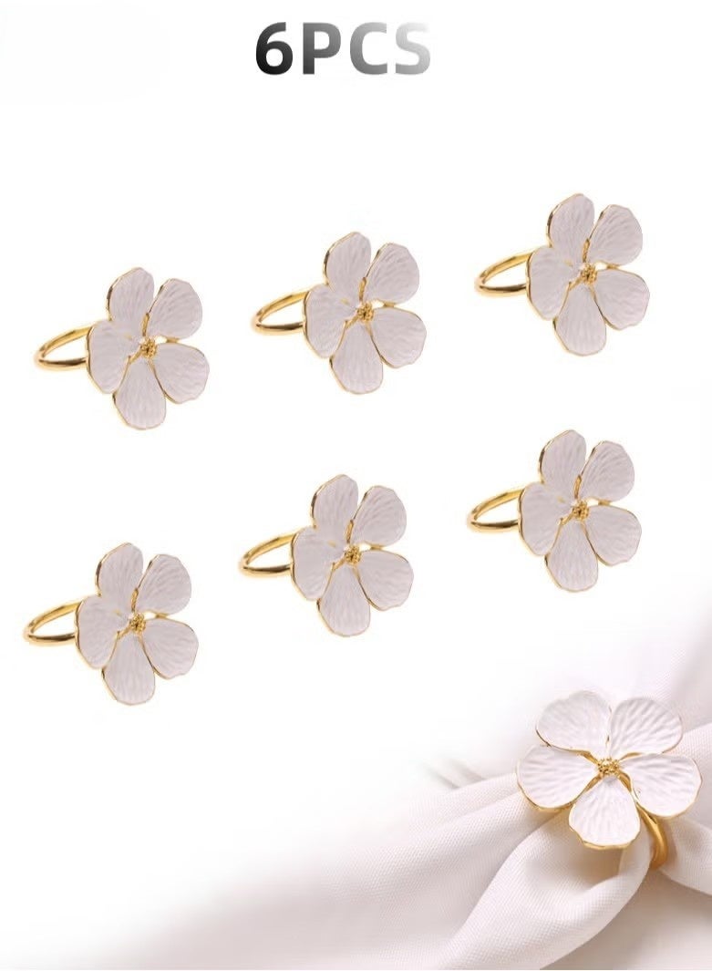 6 قطع من حلقات مناديل الزهور البيضاء وحاملات مناديل معدنية ذهبية اللون ومشابك مناديل زهور الزفاف وعيد الشكر وعيد الميلاد ورمضان ومهرجان ديكور الطاولة - Image 1