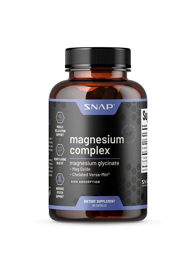 SNAP SUPPLEMENTS - Magnesium Complex Supplement - Magnesium Oxide & Magnesium Glycinate Capsules, Muscle Relaxer, Bone Strength, Support Nervous System, Natural Ingredients (60 Capsules) - Image 1