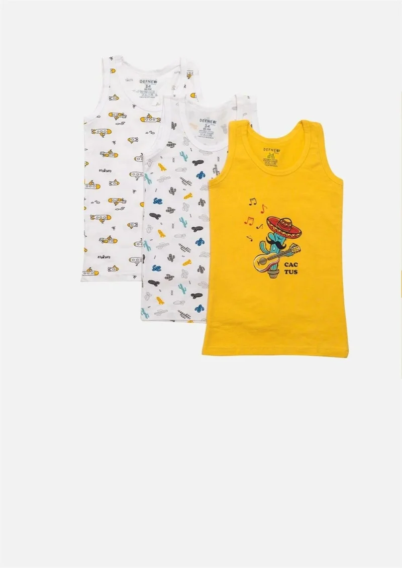 Defne Cactus and Underwater Printed Combed Elastane 3-Pack Boy's Undershirt