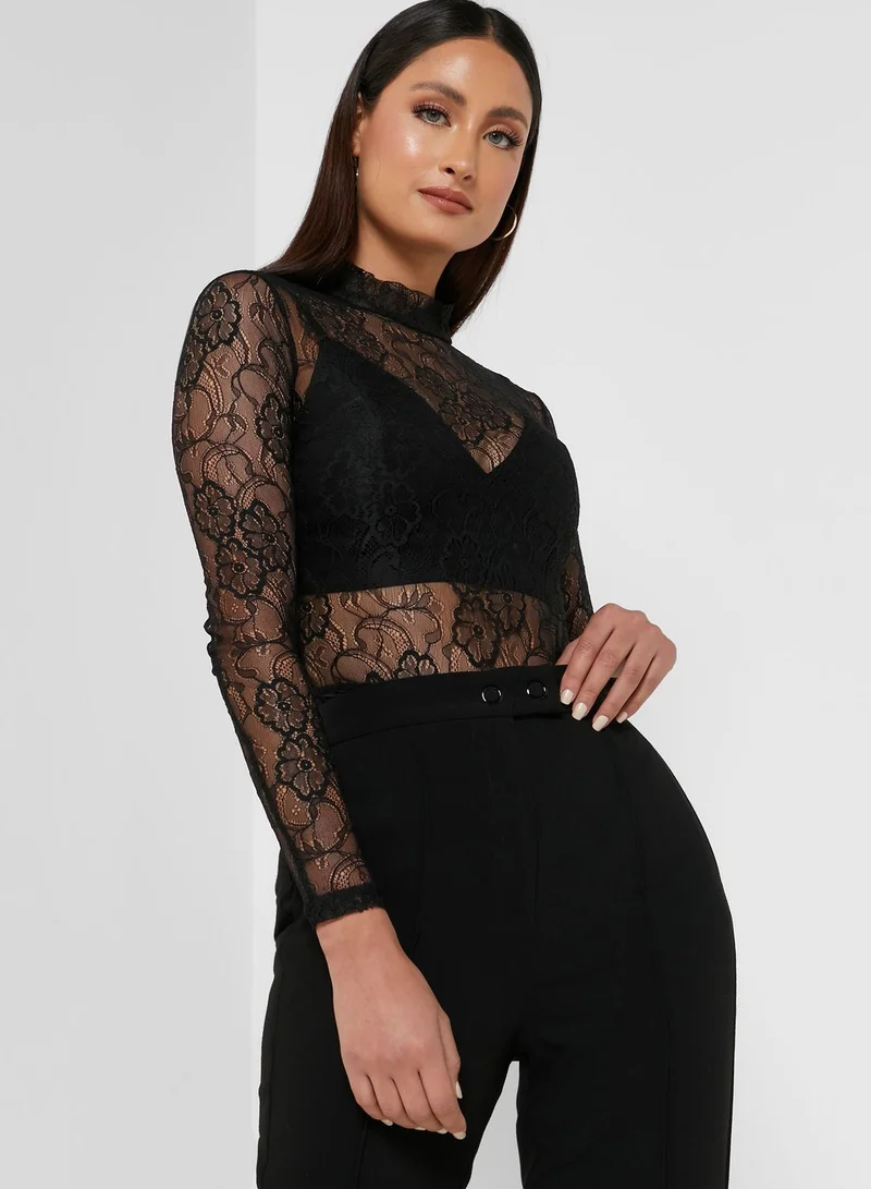 Miss Selfridge Long Sleeve Lace Funnel Neck Bodysuit