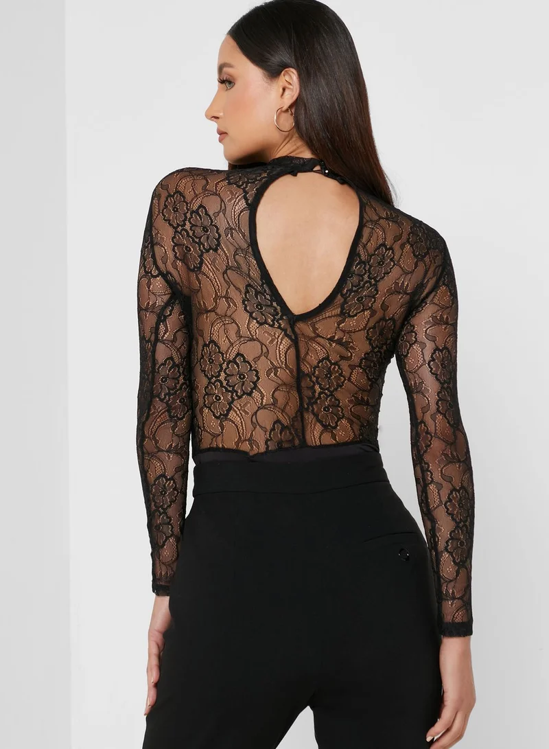 Miss Selfridge Long Sleeve Lace Funnel Neck Bodysuit