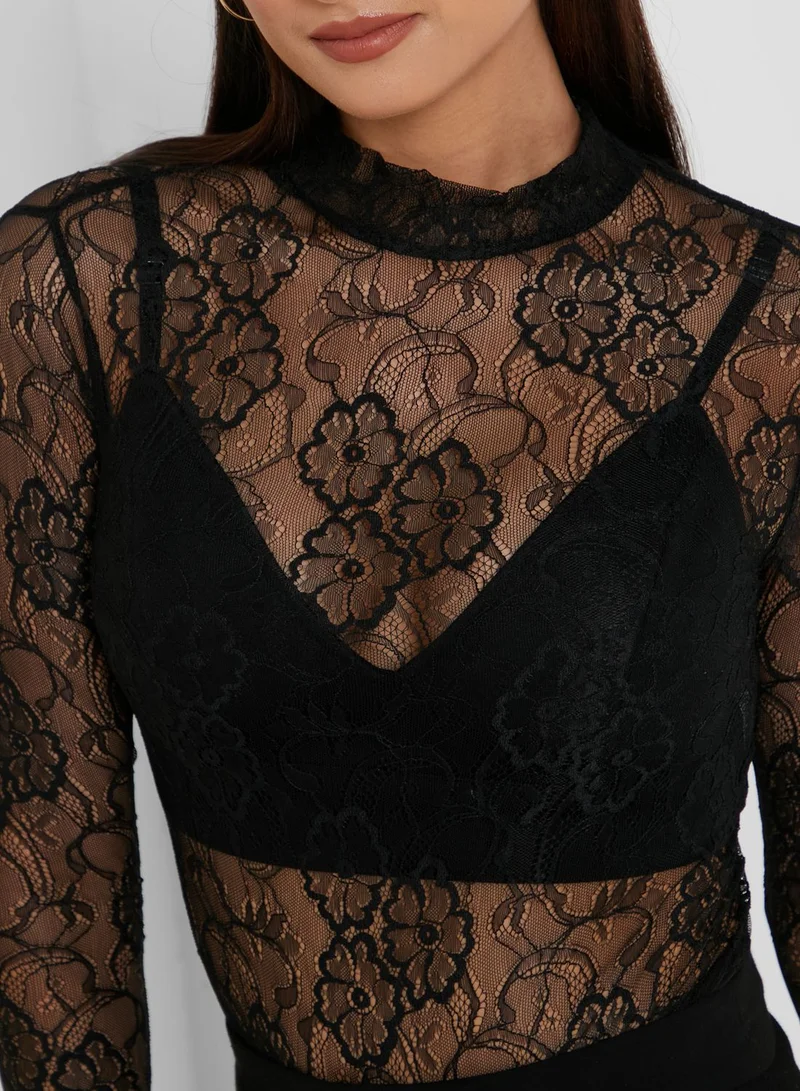 Miss Selfridge Long Sleeve Lace Funnel Neck Bodysuit