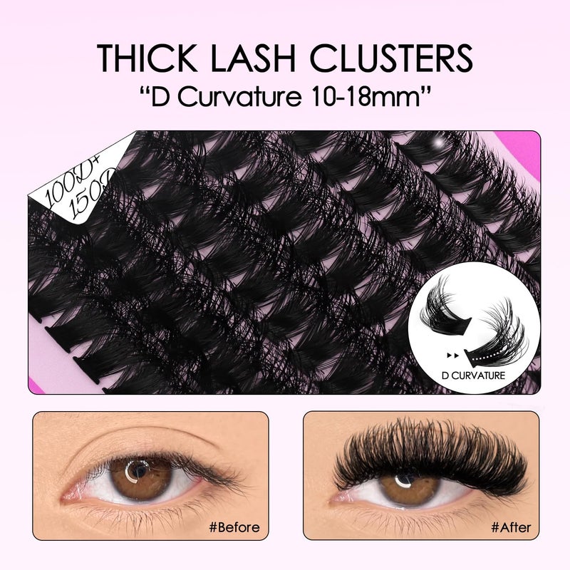 SOFENIDA Lash Clusters Kit Eyelash Clusters 100D+150D Thick Volume Cluster Eyelash Extensions D Curvature Cluster Lashes 10-18mm Wispy DIY Lash Extension Kit(100D+150D-10-18MIX Thick Kit) - Image 2