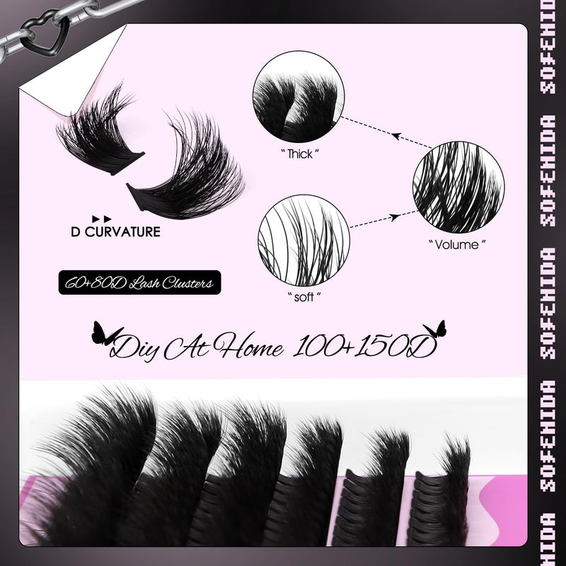 SOFENIDA Lash Clusters Kit Eyelash Clusters 100D+150D Thick Volume Cluster Eyelash Extensions D Curvature Cluster Lashes 10-18mm Wispy DIY Lash Extension Kit(100D+150D-10-18MIX Thick Kit) - Image 3