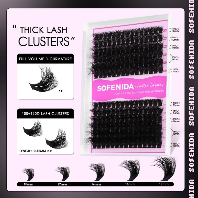 SOFENIDA Lash Clusters Kit Eyelash Clusters 100D+150D Thick Volume Cluster Eyelash Extensions D Curvature Cluster Lashes 10-18mm Wispy DIY Lash Extension Kit(100D+150D-10-18MIX Thick Kit) - Image 5