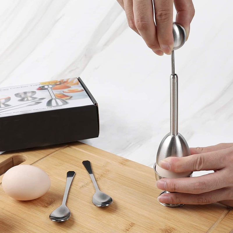 Xicennego Egg Cracker Topper Set Of 5 - Includes 2 Egg Cups  2 Spoons And 1 Cutter - Stainless Steel Easy Egg Opener - Image 2
