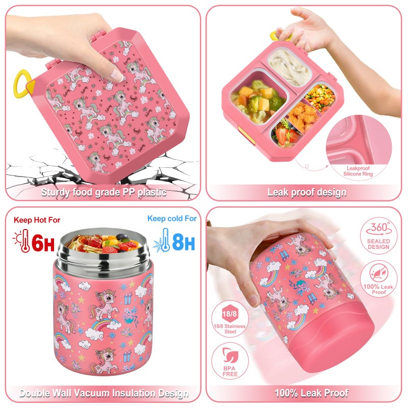 wiwens Bento Lunch Box for Kids with 12oz Soup Thermo Leak-Proof Lunch Food Container with 5 Compartment Thermo Hot Food Jar and Insulated Lunch Bag for Kid Toddler Girls Boys to School - Image 3