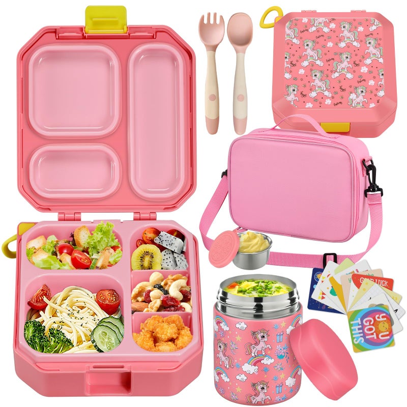 wiwens Bento Lunch Box for Kids with 12oz Soup Thermo Leak-Proof Lunch Food Container with 5 Compartment Thermo Hot Food Jar and Insulated Lunch Bag for Kid Toddler Girls Boys to School - Image 1