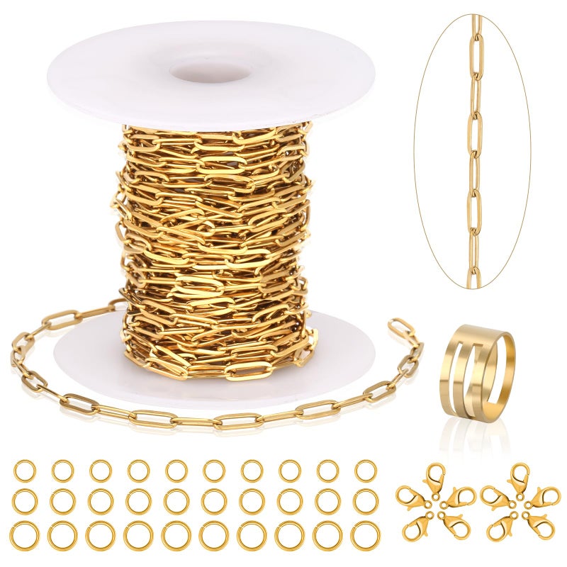 Jollidecor 23 Ft Gold Chain for Jewelry Making, 18K Gold Plated Stainless Steel Oval Paperclip Chain Roll with 10 Lobster Clasps 30 Jump Rings 1 Opening Closing Tool for DIY Charm Necklaces Bracelets Women Men - Image 1