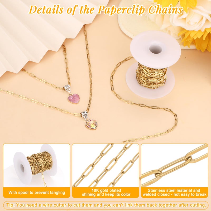Jollidecor 23 Ft Gold Chain for Jewelry Making, 18K Gold Plated Stainless Steel Oval Paperclip Chain Roll with 10 Lobster Clasps 30 Jump Rings 1 Opening Closing Tool for DIY Charm Necklaces Bracelets Women Men - Image 3