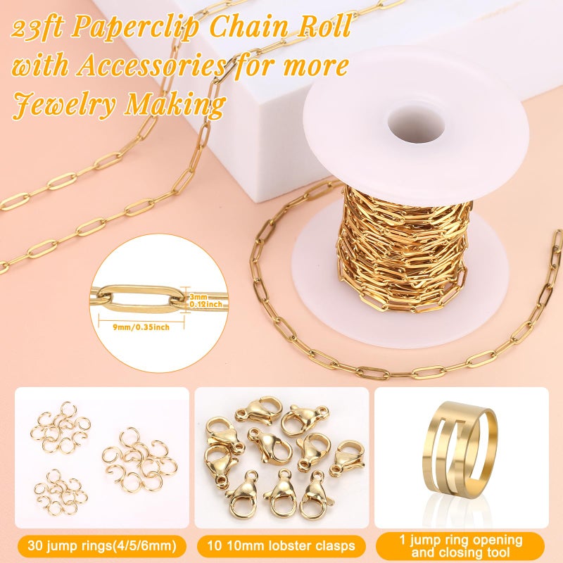 Jollidecor 23 Ft Gold Chain for Jewelry Making, 18K Gold Plated Stainless Steel Oval Paperclip Chain Roll with 10 Lobster Clasps 30 Jump Rings 1 Opening Closing Tool for DIY Charm Necklaces Bracelets Women Men - Image 2