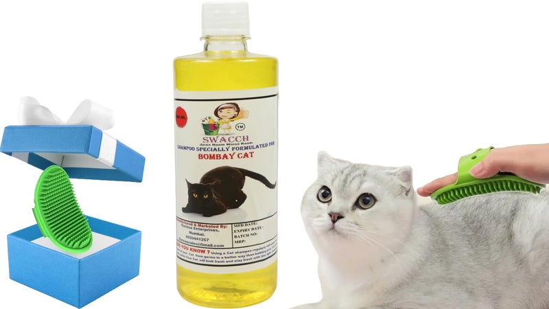 Swacch Bombay Cat Shampoo -500ml (Lemon) + Bath Brush with Adjustable Straps Combo Pack - Image 1