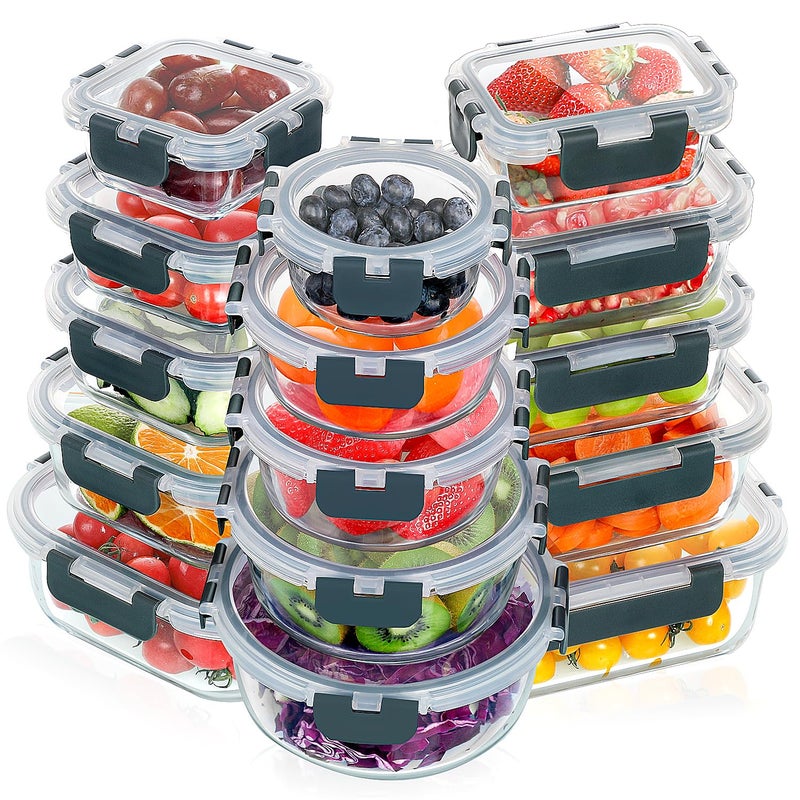 VERONES 30 Pieces Glass Meal Prep Containers Set, Stackable Glass Food Storage Containers with Lids-Airtight Lunch Containersï¼Œfor Microwave, Oven, Freezer & Dishwasher,Grey - Image 1