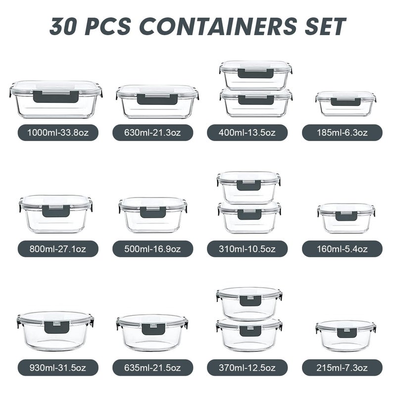 VERONES 30 Pieces Glass Meal Prep Containers Set, Stackable Glass Food Storage Containers with Lids-Airtight Lunch Containersï¼Œfor Microwave, Oven, Freezer & Dishwasher,Grey - Image 2