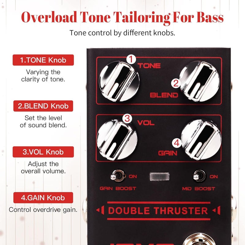 JOYO Bass Guitar Pedals High Gain Overdrive Effect Pedal with Independent Mid Frequency and Gain Boost for Bassist Electric Guitar Bass (DOUBLE THRUSTER R-28) - Image 2