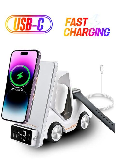 Wireless Charging Station 5 in 1, Fast Charging for iPhone 12-15, Air Pods Pro 3 2, Apple Watch iWatch, Includes Alarm Clock and Night Light Features