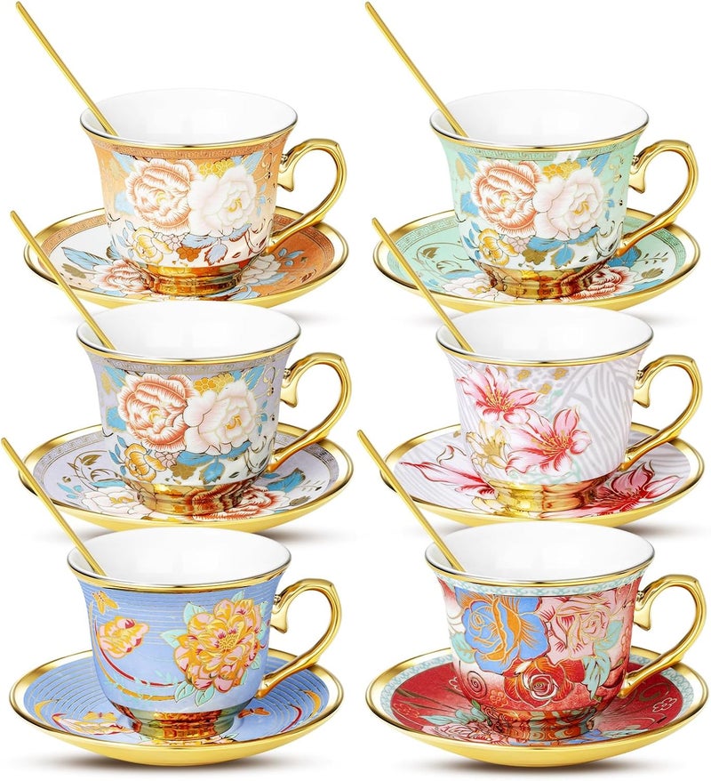XRBEOU Tea Cups and Saucers, Tea Cup Set of 6, 8 OZ Floral Cups Porcelain Cup Set for Cappuccino, Coffee, Afternoon Tea Birthday Party Supply Christmas gift - Image 1