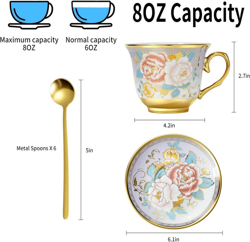 XRBEOU Tea Cups and Saucers, Tea Cup Set of 6, 8 OZ Floral Cups Porcelain Cup Set for Cappuccino, Coffee, Afternoon Tea Birthday Party Supply Christmas gift - Image 2