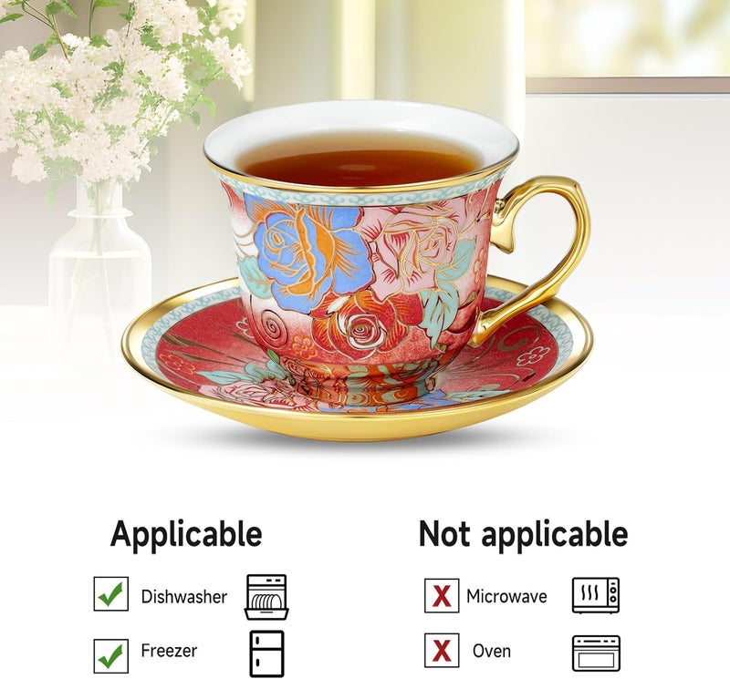 XRBEOU Tea Cups and Saucers, Tea Cup Set of 6, 8 OZ Floral Cups Porcelain Cup Set for Cappuccino, Coffee, Afternoon Tea Birthday Party Supply Christmas gift - Image 4