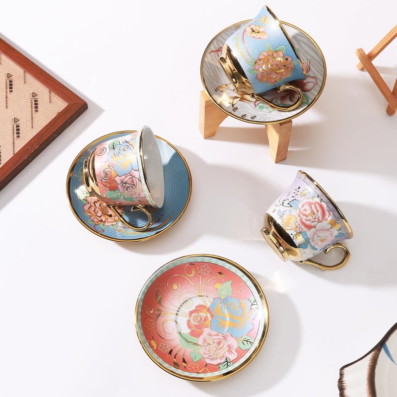 XRBEOU Tea Cups and Saucers, Tea Cup Set of 6, 8 OZ Floral Cups Porcelain Cup Set for Cappuccino, Coffee, Afternoon Tea Birthday Party Supply Christmas gift - Image 5