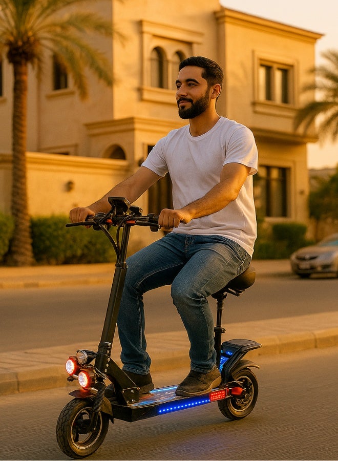 نيازي سكوتر كهربائي | سكوتر كهربائي للكبار | سكوتر مطوّر قابل للطي | محرك كهربائي قوي 1000 واط | بطارية ليثيوم 48 فولت – 13Ah | 3 كشافات LED أمامية | شاصيه مضيء بالكامل | شاشة رقمية حديثة | كفرات صحراوية مقاس 10 | 2 ريموت تشغيل عن بعد - Image 4