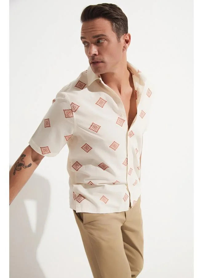 JUNE Men Cotton Patterned Short Sleeve Shirt Ecru - Tile