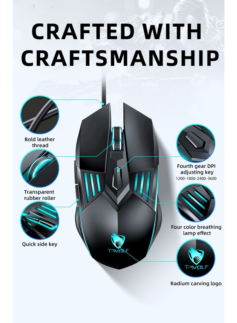 T-WOLF G560 6D wired gaming mouse 3600DPI high-precision gaming computer mouse ergonomic backlit white USB optical mouse - Image 3