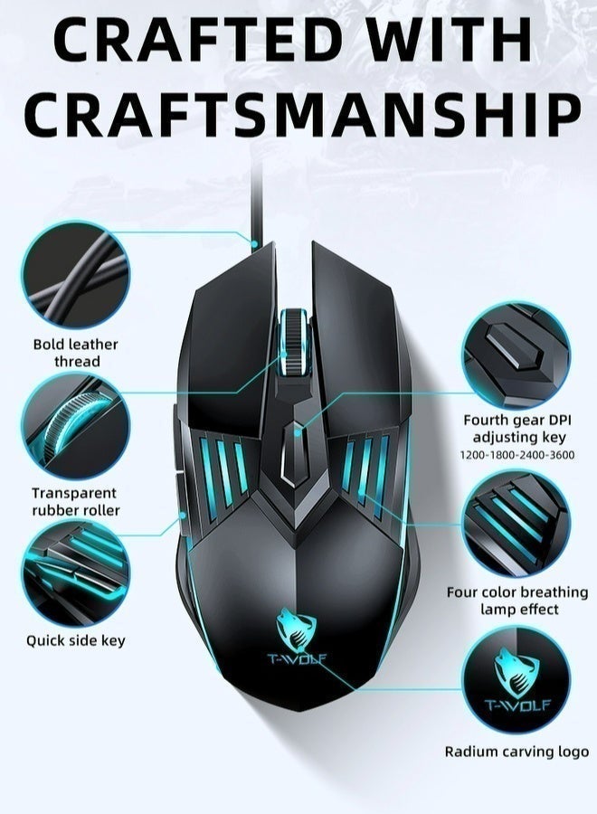 تي- وولف T-WOLF ألعاب الماوس سلكية ألعاب الماوس 6D زر 4 ألوان التنفس ضوء 4-سرعة DP تعديل 3600DPI عالية الدقة ألعاب الكمبيوتر الماوس إيرغونومية الخلفية USB الماوس - Image 4