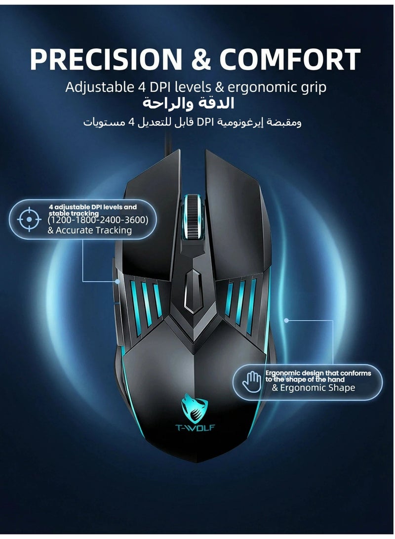 تي- وولف T-WOLF ألعاب الماوس سلكية ألعاب الماوس 6D زر 4 ألوان التنفس ضوء 4-سرعة DP تعديل 3600DPI عالية الدقة ألعاب الكمبيوتر الماوس إيرغونومية الخلفية USB الماوس - Image 2