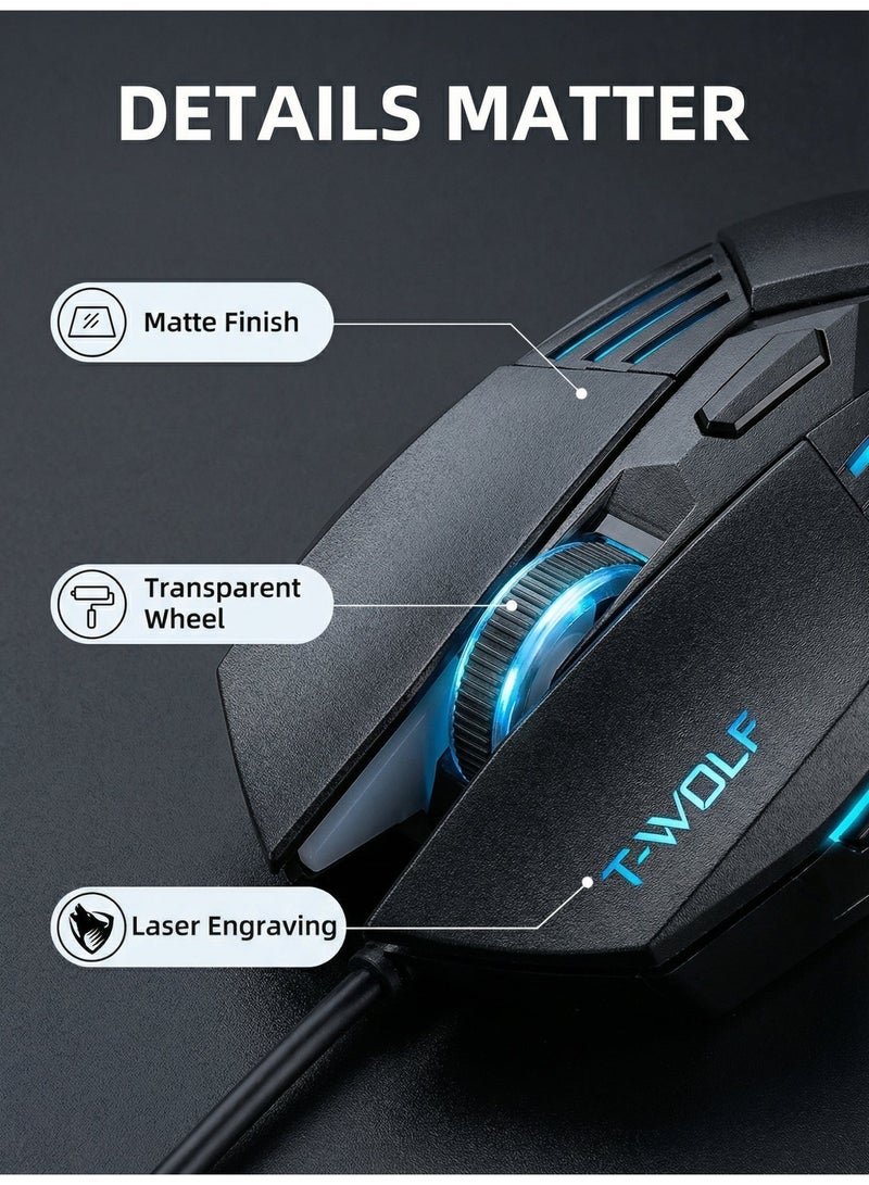 T-WOLF gaming mouse wired gaming mouse 6D button 4-color breathing light 3-speed DPI adjustment 3200DPI high-precision gaming computer mouse ergonomic backlight USB mouse - Image 5