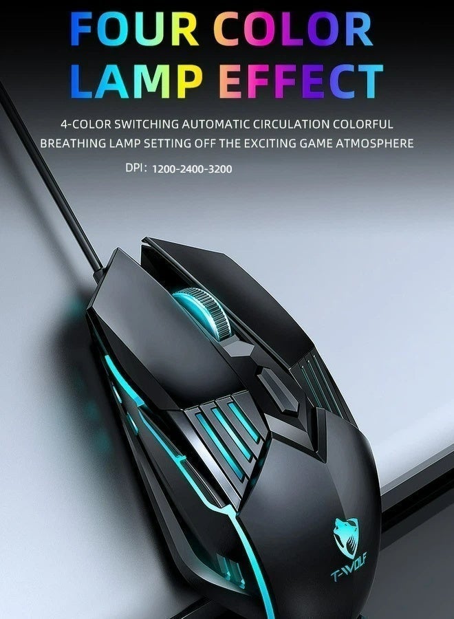 T-WOLF gaming mouse wired gaming mouse 6D button 4-color breathing light 3-speed DPI adjustment 3200DPI high-precision gaming computer mouse ergonomic backlight USB mouse - Image 3