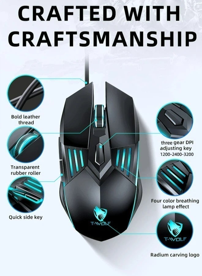 T-WOLF gaming mouse wired gaming mouse 6D button 4-color breathing light 3-speed DPI adjustment 3200DPI high-precision gaming computer mouse ergonomic backlight USB mouse - Image 4