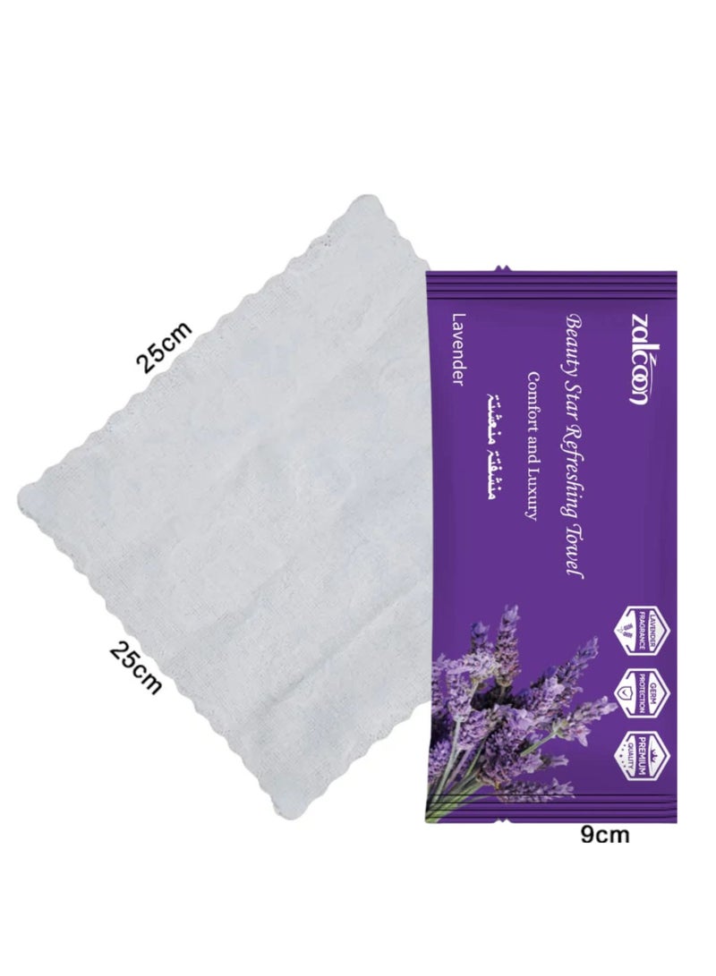 Zalcoon Refreshing Towel Wipes, Cotton Refreshment White Towels (25 Packs, 22x22cm) Mildly Scented Pre-moistened Towels to Use Hot or Cold - Lavender Scent - Image 2